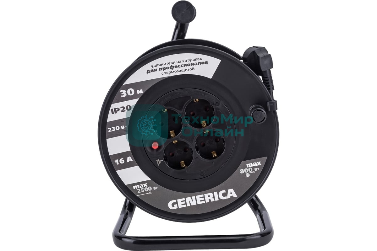 Удлинитель на катушке 4х30 м 2P+PE 16А УК30 с термозащ. 3х1.5 кв.мм GENERICA IEK WKP20-16-04-30-G