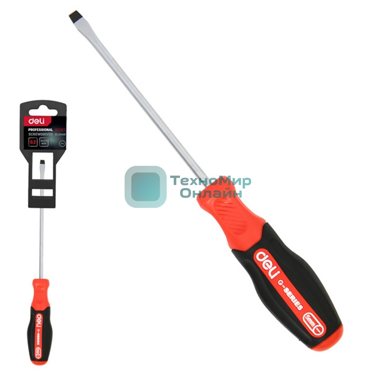 Отвертка шлицевая Deli DL3440 SL3x75мм сталь S2, матовый стержень, двухкомпонентная прорезиненная рукоять
