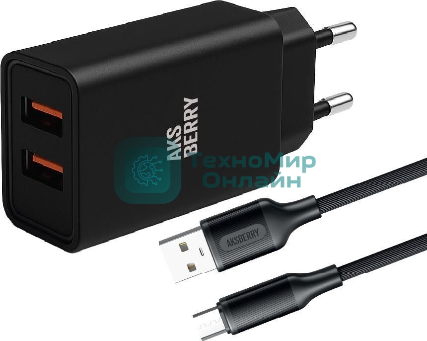 Сетевое зарядное устройство AKSBERRY (6900209220015) T38 2 USB 2.4A + кабель MicroUSB, черный