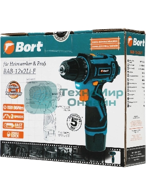 Дрель-шуруповерт Bort BAB-12x2Li-F, 12 В, 1,5 Ач, 36 Нм, щеточный