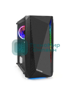 Компьютерный корпус Minitower ExeGate Mistery R2-NPX400 (mATX, БП 400NPX с вент. 12 см, 2*USB+1*USB 3.0, аудио, черный, 1 вент. 12см с RGb подсветкой и полоса на передней панели, боковая панель - закаленное стекло)