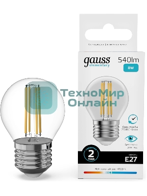 Лампа светодиодная филаментная Gauss Filament 8Вт цок.: E27 шар св. свеч. бел. нейт. (упак.: 10 шт)