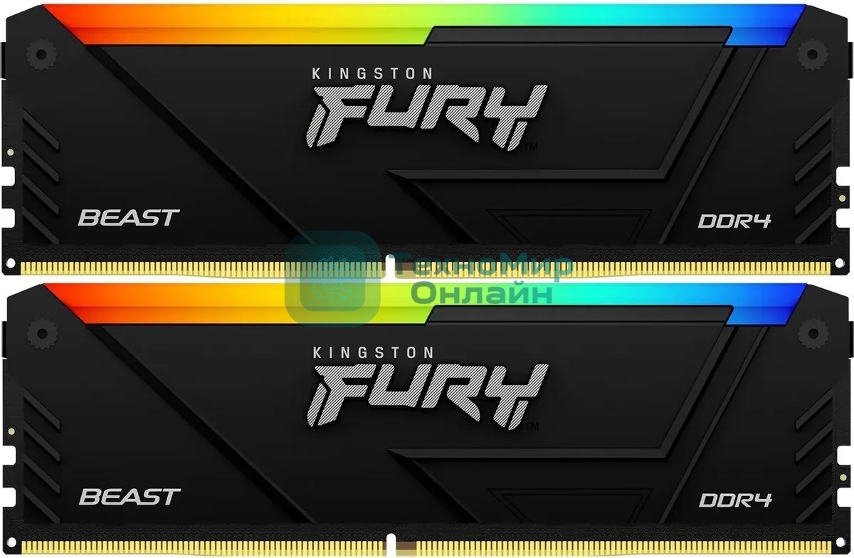 Оперативная память Kingston Fury Beast, DDR4, 64Gb (2x32Gb), 3600MHz, CL18, DIMM, с радиаторами, RGB, черный