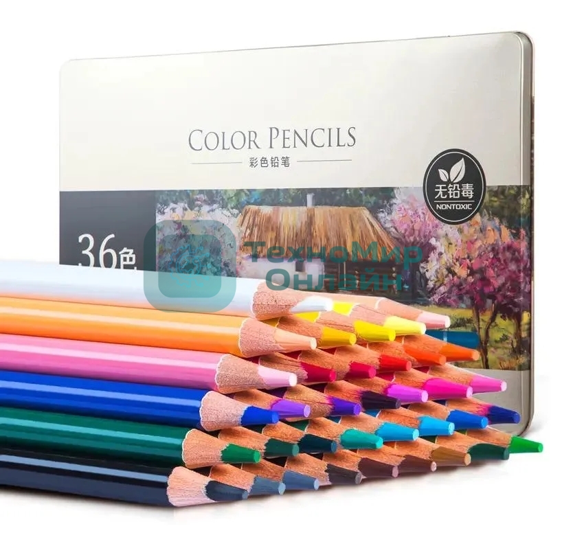 Карандаши цветные Deli 6566, липа, 36 цветов, коробка металлическая