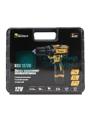 Дрель-шуруповерт Kolner KCD 12/2C, 12 В, 1,5 Ач, 29 Нм, щеточный