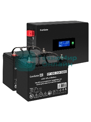 Комплект Источник бесперебойного питания EX295994RUS + батарея 33Aч EX282974RUS 2шт (инвертор, синус, для котла, PF=1, настенный) ExeGate IdealSine SR-1500.LCD.2SH 1500VA/1500W, чистая синусоида, цветной LCD-дисплей, 2*Schuko, крепление настенное, черный + батарея ExeGate DT 1233 (12В, 33А·ч) 2шт
