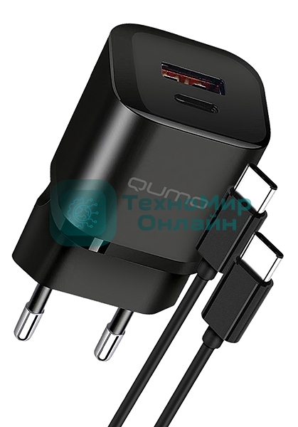 Сетевое зарядное устройство Qumo Energy PD 20Вт (модель 0109), Type-C PD + USB-A QC3.0,+ кабель 1м. Type-C на Type-C, черный