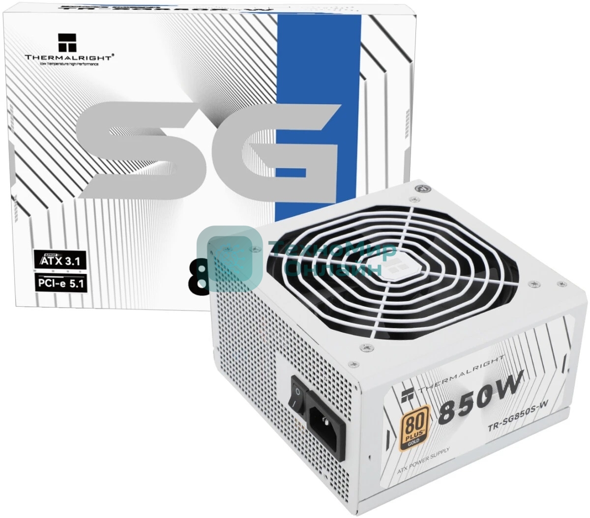 Блок питания Thermalright, 850W 80+ Gold (ATX, 3.1, PCIe 5.1, Non-modular, 1x24(20+4)pin, 1xCPU 8(4+4)pin, 2xPCIe*2 8(6+2)pin, 5xSATA3, 1x12+4pin (12VHPWR PCIe 5.1 12+4pin 600mm), 3xMOLEX4pin, Active, 120x120мм, 150x140x86mm, APFC, white)