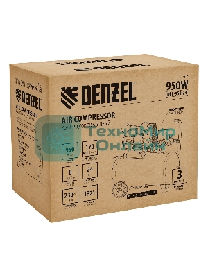 Компрессор безмасл. малошумный Denzel DLP-950/24, 950 Вт, 24 л, 2850 об/мин, 170 л/мин