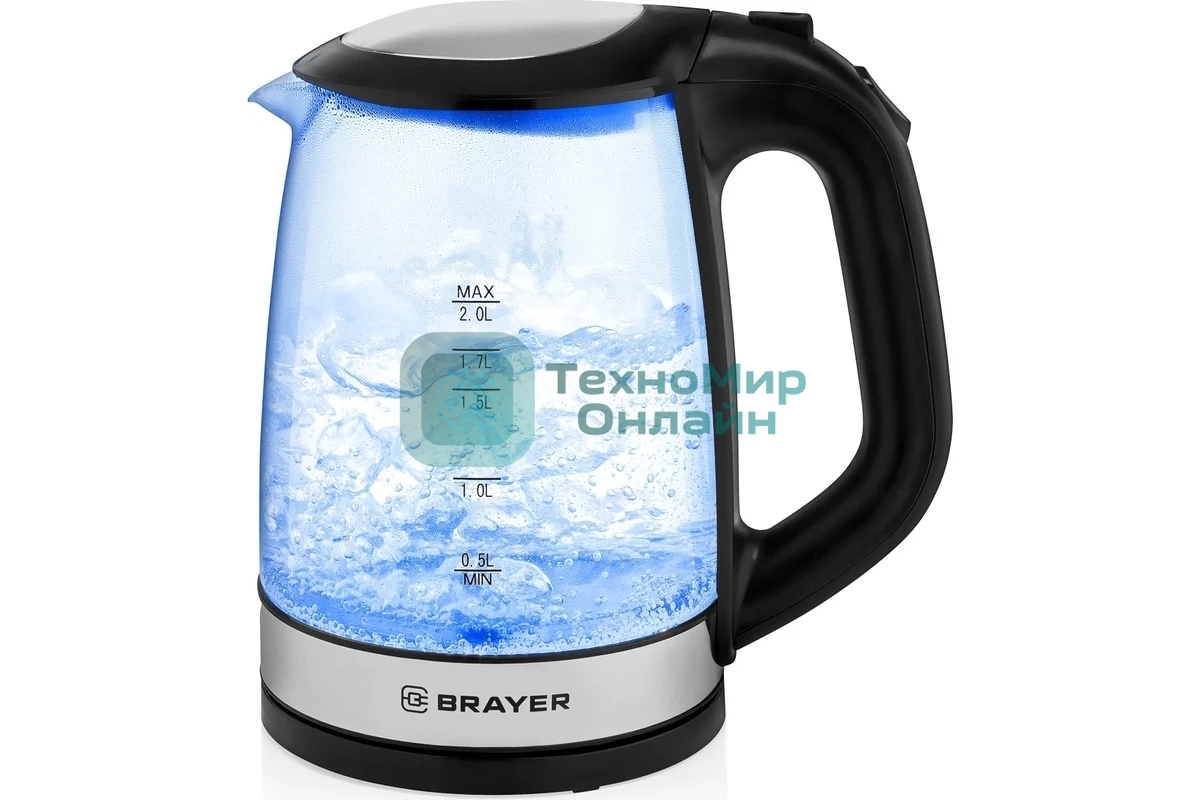 Чайник электрический BRAYER BR1040BK 2220Вт, 2 л, стекл., черный.