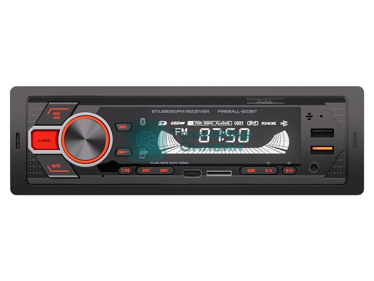 Автомагнитола AURA FIREBALL-203BT, 1 DIN, Bluetooth, USB Type-A, AUX