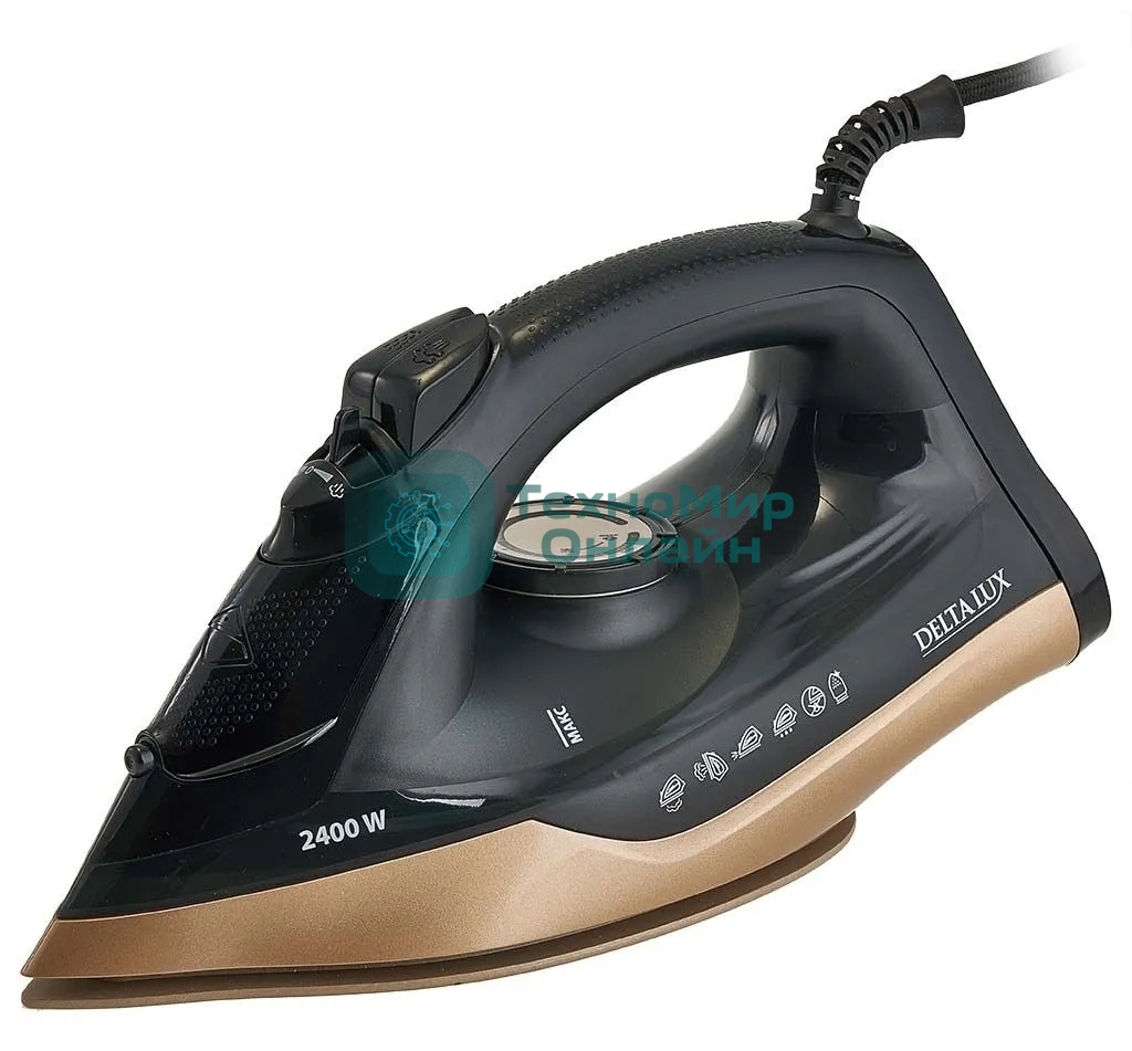 Утюг DELTA LUX DE-3007 черный/золотой, 2400 Вт, 30 г/мин, 150 г/мин, 220 мл