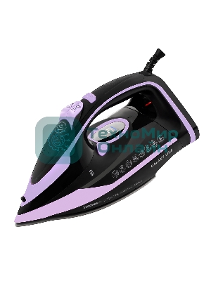Утюг Galaxy Line GL 6135, черный с лиловым, паровой с помпой, 3200 Вт, постоянный пар 90 г/мин, паровой удар 260 г/мин, функции: самоочистка, антинакипь, автоотключение, вертикальное отпаривание, LED-дисплей, встроеный парогенератор, защита от перегрева, керамическое покрытие подошвы, резервуар для воды 350 мл