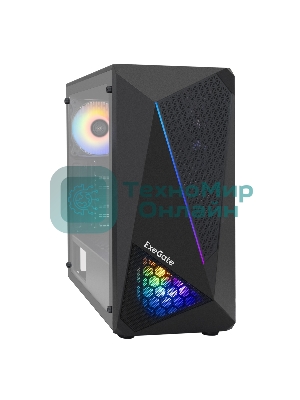 Компьютерный корпус Miditower ExeGate EVO-8225-EVO800 (ATX, БП EVO800RGb с вент. 12см, 2хUSB+1хUSB 3.0, черный, 2 вент. с RGb подсветкой и полоса на передней панели, боковая панель - закаленное стекло)