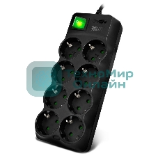 Сетевой фильтр SVEN SF-08E-16 (3 м 8 розеток с защитными шторками,16А) черный, цветная коробка