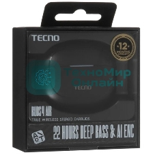 Наушники TWS Tecno Buds 4 черный, вкладыши, Bluetooth, до 6 ч