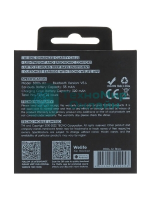 Наушники TWS Tecno Buds 4 черный, вкладыши, Bluetooth, до 6 ч