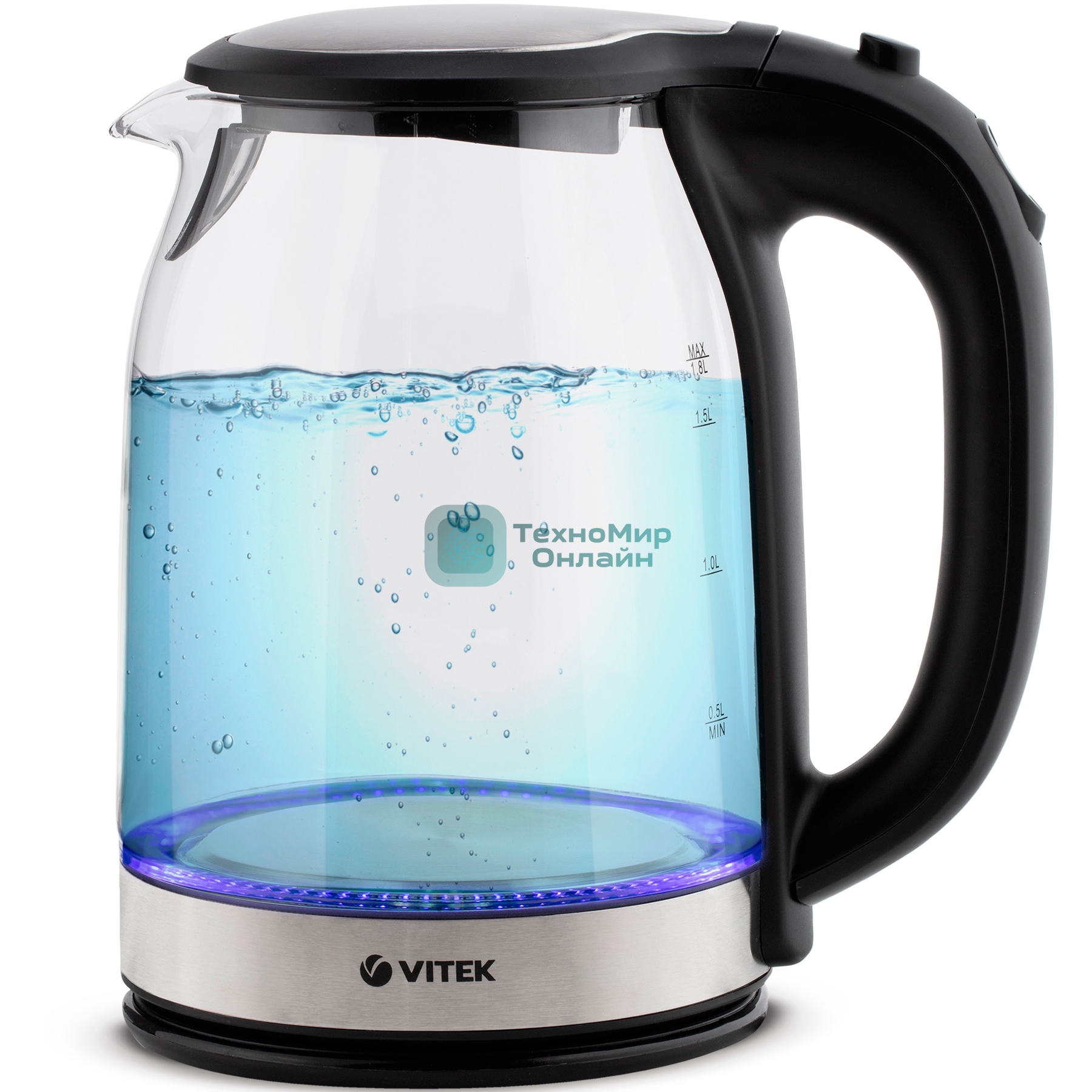 Чайник электрический 7095-VT(TR) Vitek Мощность 2200 вт.Объем 1.8 л,Материал корпуса термостойкое стекло.