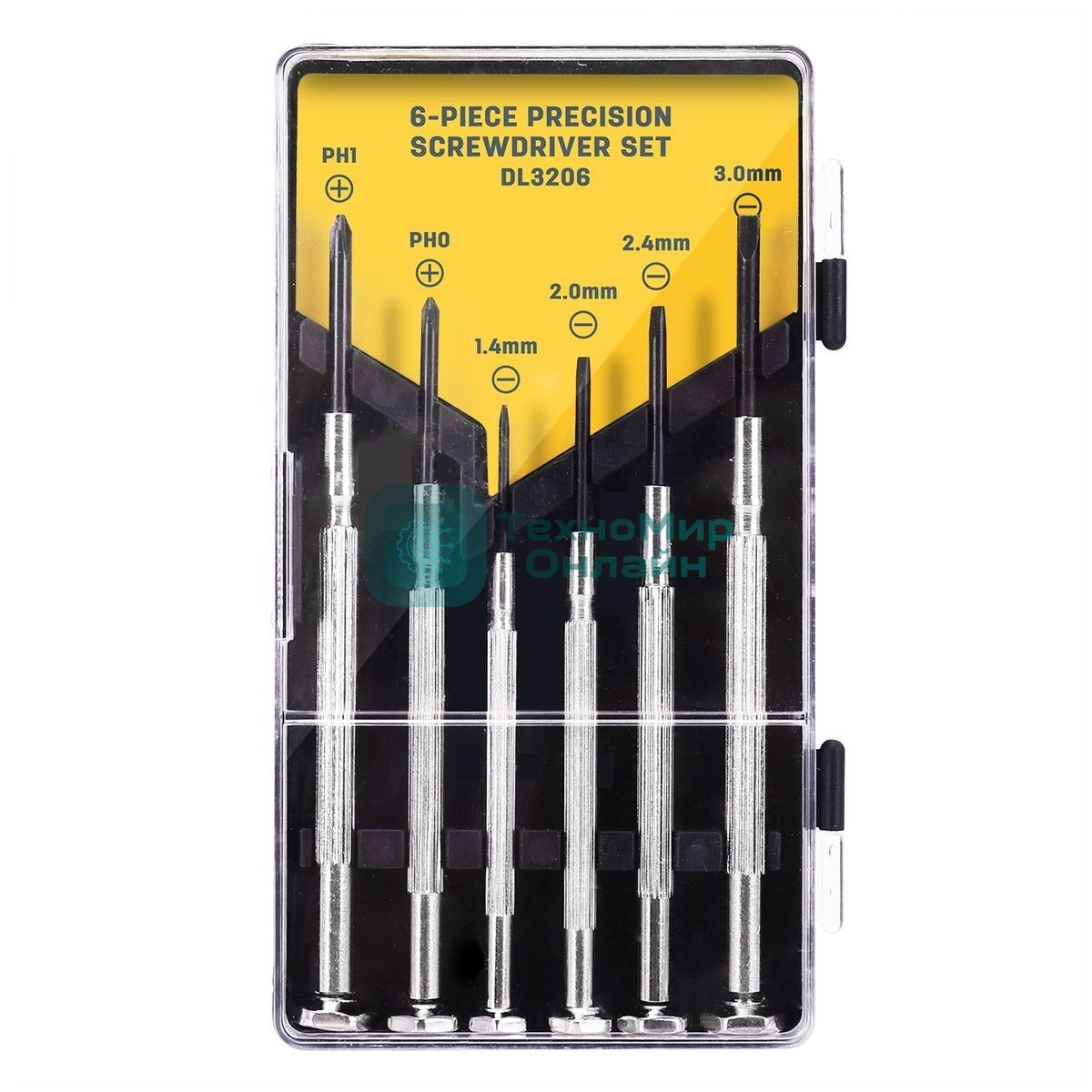Набор прецизионных отвертокDeli DL3206 6 шт Набор прецизионных отверток из 6 предметов: 2 шт. Philips: PH1, PH04 шт. Шлиц: 1,4 мм, 2,0 мм, 2,4 мм, 3,0 мм. Cr-V. Черная отделка.