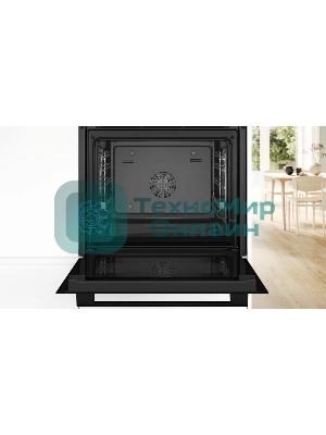 Встраиваемый духовой шкаф Bosch HRG232EB3 Serie 4 с добавлением пара Bosch, Auto Pilot 15, объем 71 л, 8 режимов нагрева, 3D Hotair, Soft move door,телескопические направляющие 1уровень,гидролиз+каталитическая очистка задней стенки,сенсорное управление,черный+профиль из нержавеющей стали
