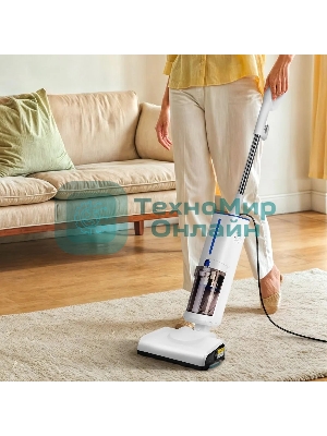 Пылесос вертикальный паровой Kitfort КТ-5157-3 белый/синий, питание от сети, 600 Вт, уборка влажная/паром/сухая, пылесборник 1,2 л