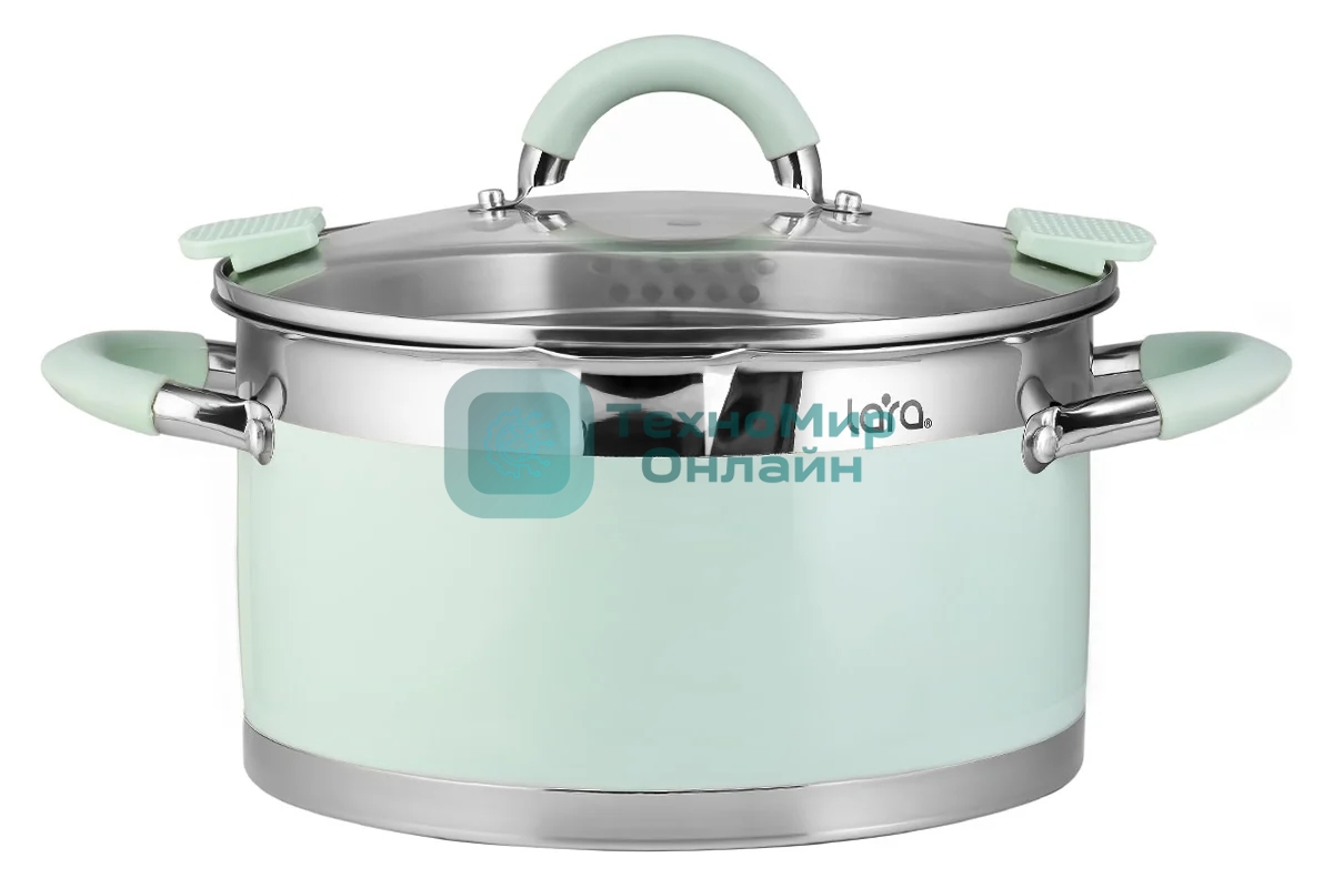 Кастрюля LARA LR02-541 MINT 18x10 см, 2,4 л, носик, индукционное дно, крышка с бортом, полипропилен, силикон, нержавеющая сталь