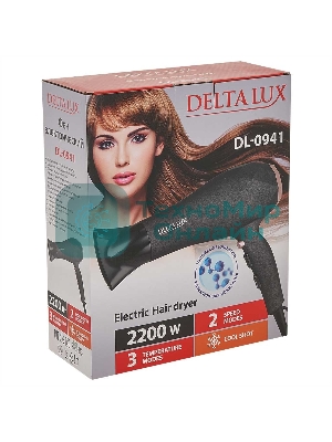 Фен DELTA LUX DL-0941 черный/розовый, 2200 Вт, ионизация