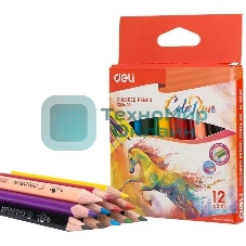 Карандаши цветные Deli EC00400 ColoRun, трехгранный профиль, тополь, 12 цветов, коробка с европодвесом