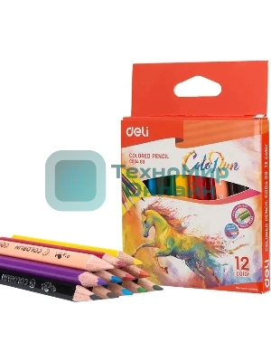 Карандаши цветные Deli EC00400 ColoRun, трехгранный профиль, тополь, 12 цветов, коробка с европодвесом