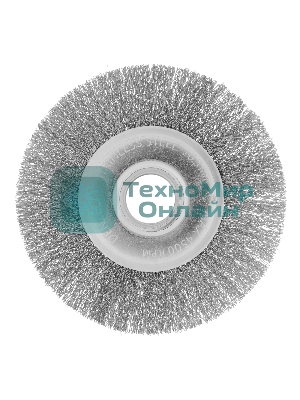 Щетка для УШМ Denzel 125 мм, плоская, витая нержавеющая проволока 0,3 мм, посадка 22,2 мм