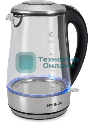 Чайник электрический Hyundai HYK-G8406 1.7 л, 2200 Вт, прозрачный/черный (корпус: нержавеющая сталь)