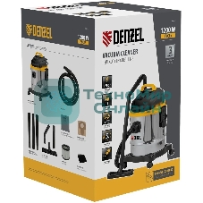 Строительный пылесос Denzel SVC15 серебристый/желтый, 1200 Вт, уборка сухая/сбор воды/выдув, пылесборник мешок, 15 л