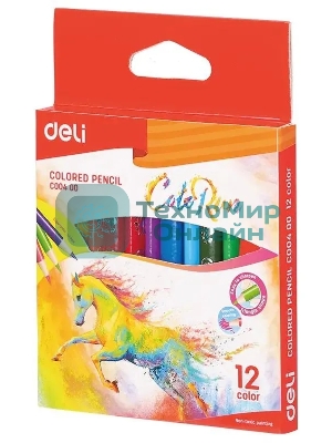 Карандаши цветные Deli EC00400 ColoRun, трехгранный профиль, тополь, 12 цветов, коробка с европодвесом