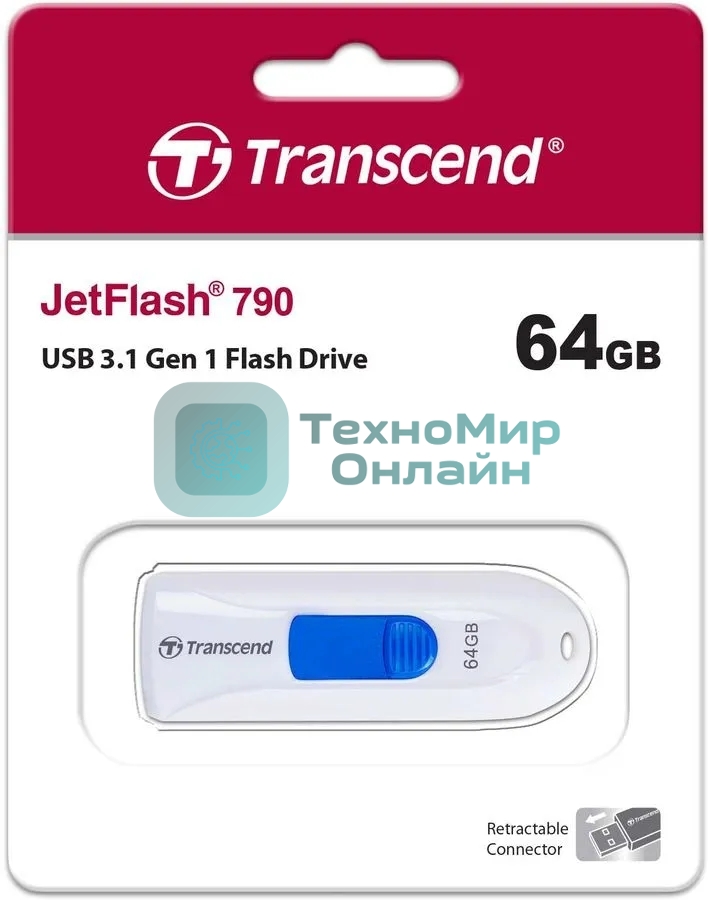 Флешка USB Transcend JetFlash 790 (TS64GJF790W), 64Gb, USB 3.0, R/W 70/25, белый/синий
