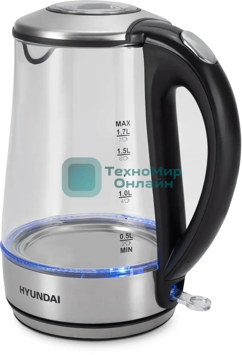 Чайник электрический Hyundai HYK-G8406 1.7 л, 2200 Вт, прозрачный/черный (корпус: нержавеющая сталь)
