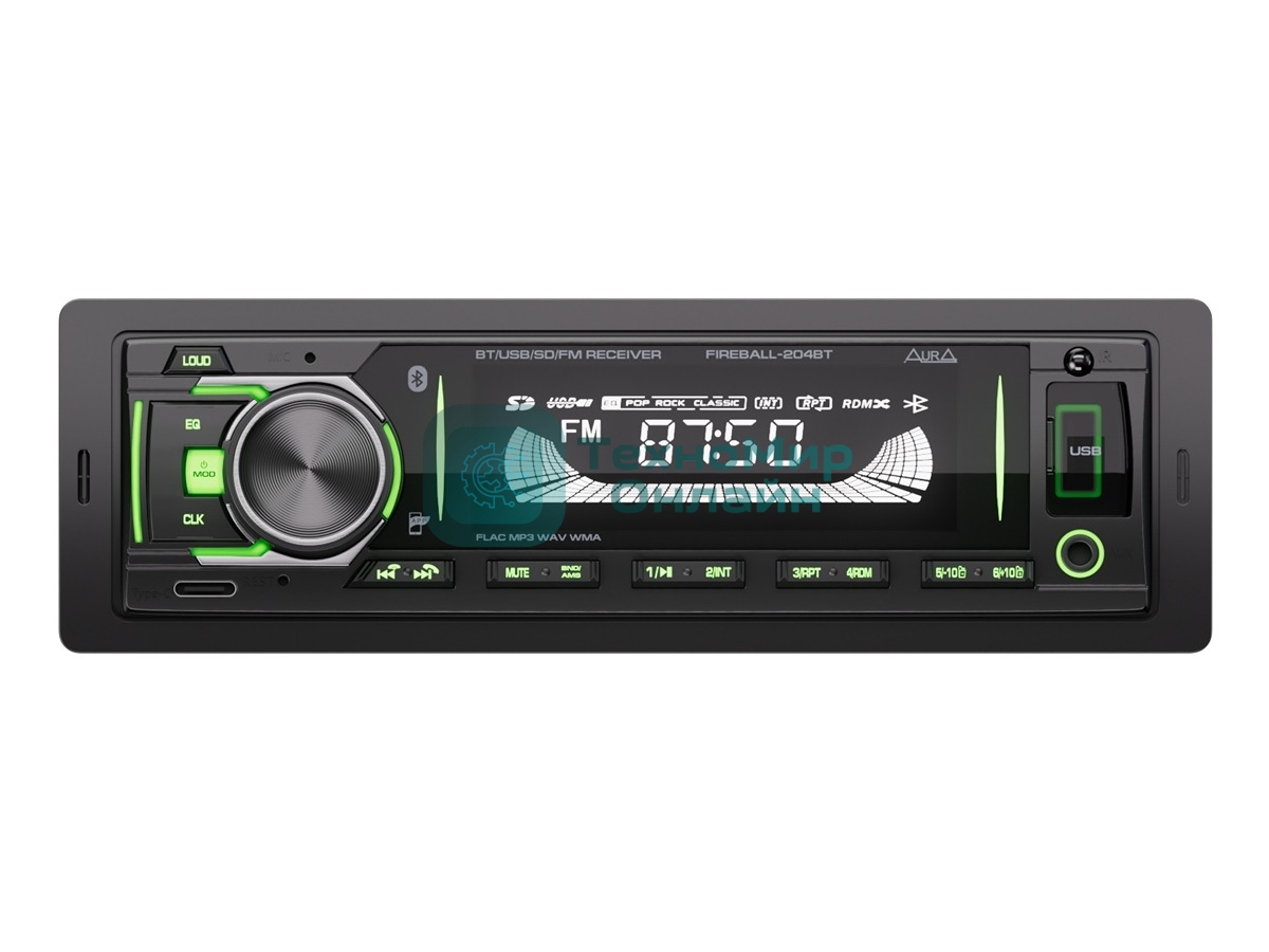 Автомагнитола AURA FIREBALL-204BT, 1 DIN, Bluetooth, USB Type-A, AUX