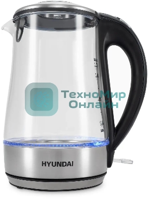 Чайник электрический Hyundai HYK-G8406 1.7 л, 2200 Вт, прозрачный/черный (корпус: нержавеющая сталь)