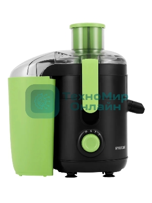 Соковыжималка Hyundai HY-JE1625 чёрный/зелёный, центробежная, 500 Вт, 400 мл, механическое