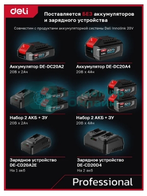 Дрель-шуруповерт Deli DE-DZ20-1, 20 В, 0 Ач, 50 Нм, бесщеточный