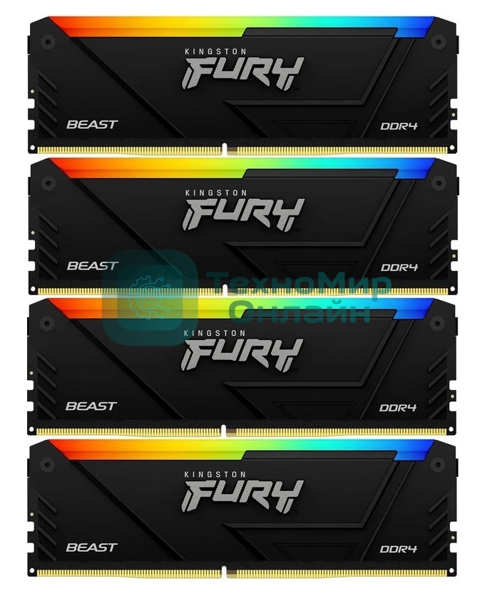 Оперативная память Kingston Fury Beast, DDR4, 32GB (4x8GB), 3600MHz, CL17, DIMM, с радиаторами, RGB, черный