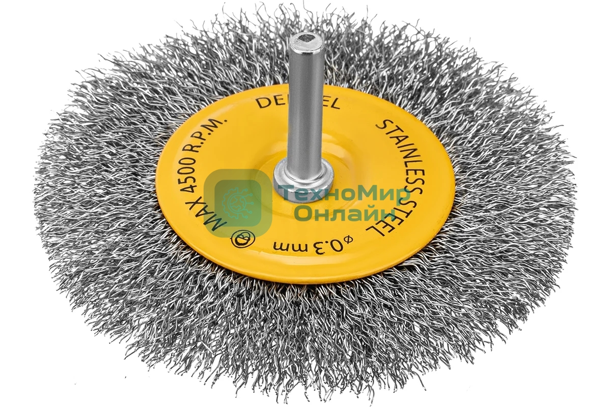 Щетка для дрели Denzel 100 мм, плоская, со шпилькой, нержавеющая витая проволока