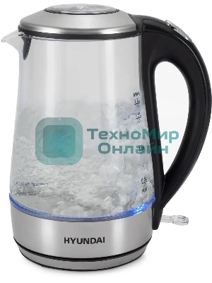 Чайник электрический Hyundai HYK-G8406 1.7 л, 2200 Вт, прозрачный/черный (корпус: нержавеющая сталь)