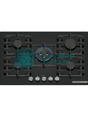Газовая варочная панель Bosch PPQ7A6I45, 75 см, закаленное стекло, черная, 5 конфорок, 1 WOK-конфорка c 2 контурами пламени, 1 конфорка повышенной мощности, FlameSelect, индивидуальные чугунные решетки, газ-контроль, автоматический электроподжиг, сделано в Испании