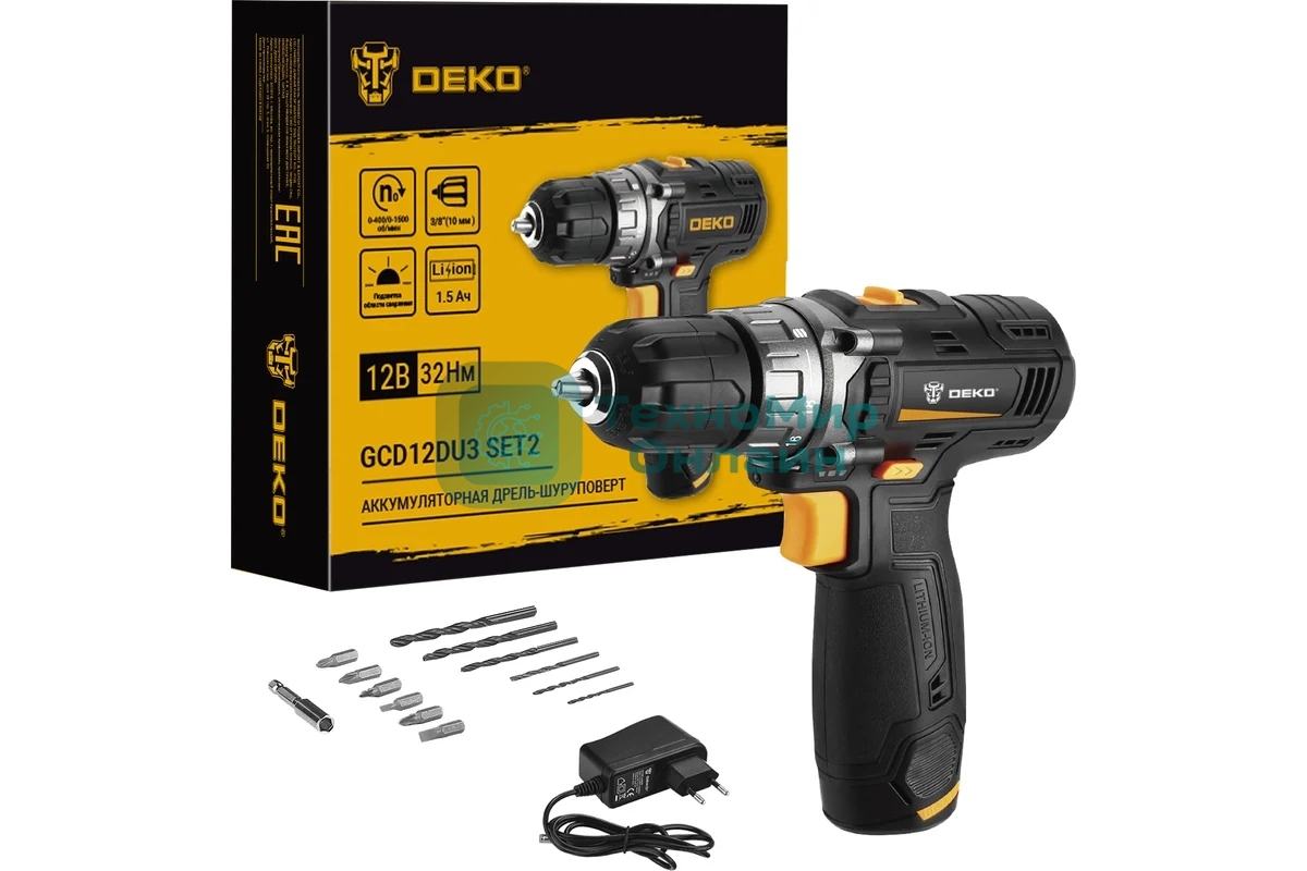 Дрель-шуруповерт Deko GCD12DU3 SET 2, 12 В, 1.5 Ач, 32 Нм, щеточный