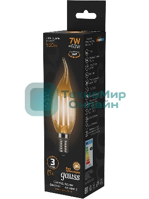 Лампа светодиодная Gauss Filament 7Вт цок.: E14 свеча 220B св. свеч. белый теп. CF35 (упак.: 10 шт) (104801107)