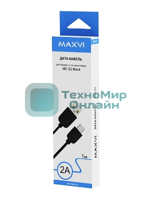 Кабель Maxvi MC-02 black USB-A - Type-C ток макс. нагрузки 2А, макс. напряжение 5V, длина кабеля 1м, материал PVC, черный