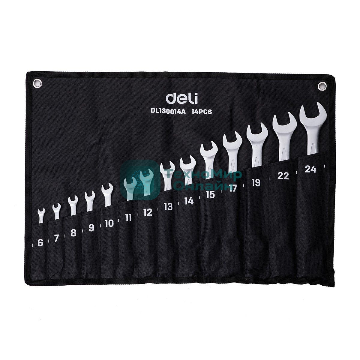 Набор комбинированных гаечных ключей 14 шт Deli DL130014A Спецификация: 6,7,8,9,10,11,12,13,14,15,17,19,22,24 мм. Матовая хромированная поверхность. Тканевая упаковка.