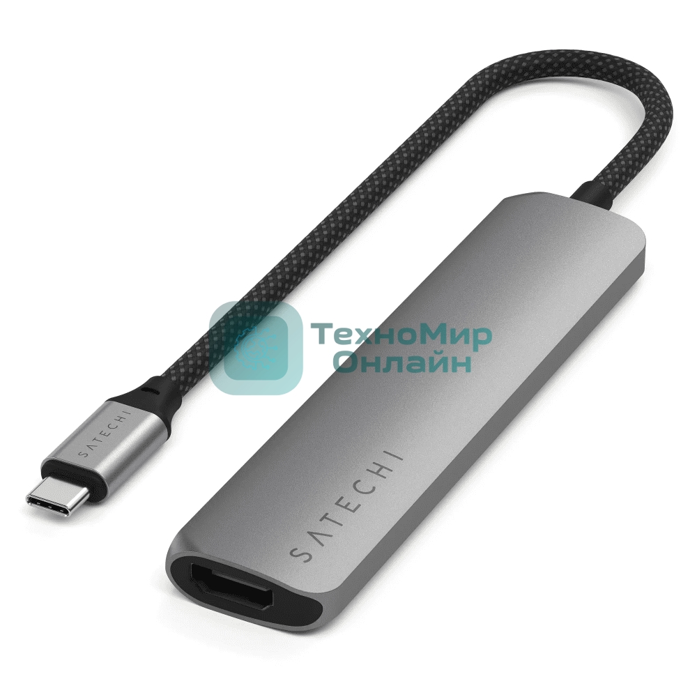USB-концентратор Satechi 6-in-1 USB-C Slim Multiport Adapter (Type-C, HDMI, 2x Type-A, SD, microSD), до 75 Вт, Серый Док-станция ST-P6SM