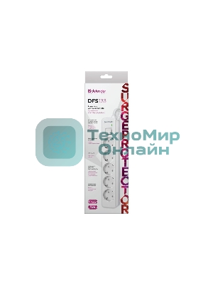 Удлинитель с сетевым фильтром Defender DFS 133, белый, 5 розеток, 3 м.