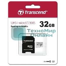 Флеш карта Micro SecureDigital 32Gb Transcend TS32GUSD300S-A MicroSDHC Class 10 UHS-I, SD adapter